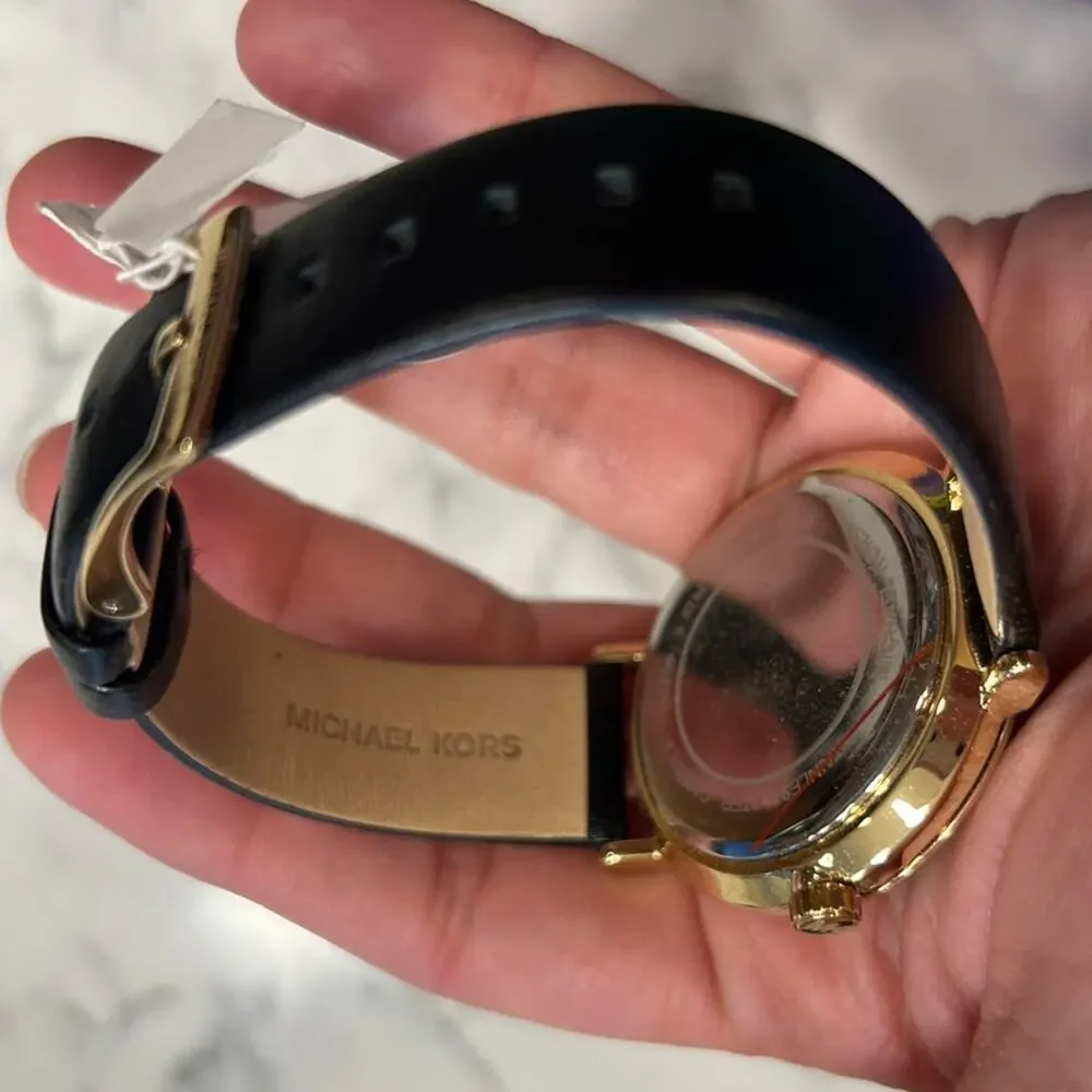 NWT Michael Kors Addyson MK2949 Black Leather Watch Gold Case Three Hand